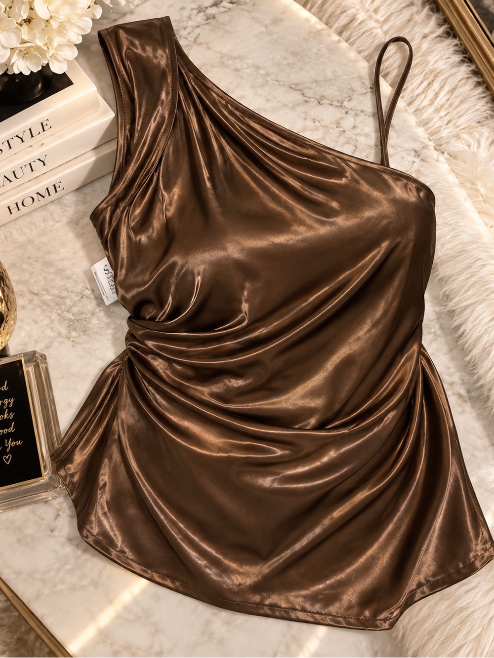 One-Shoulder Brown Satin Dress